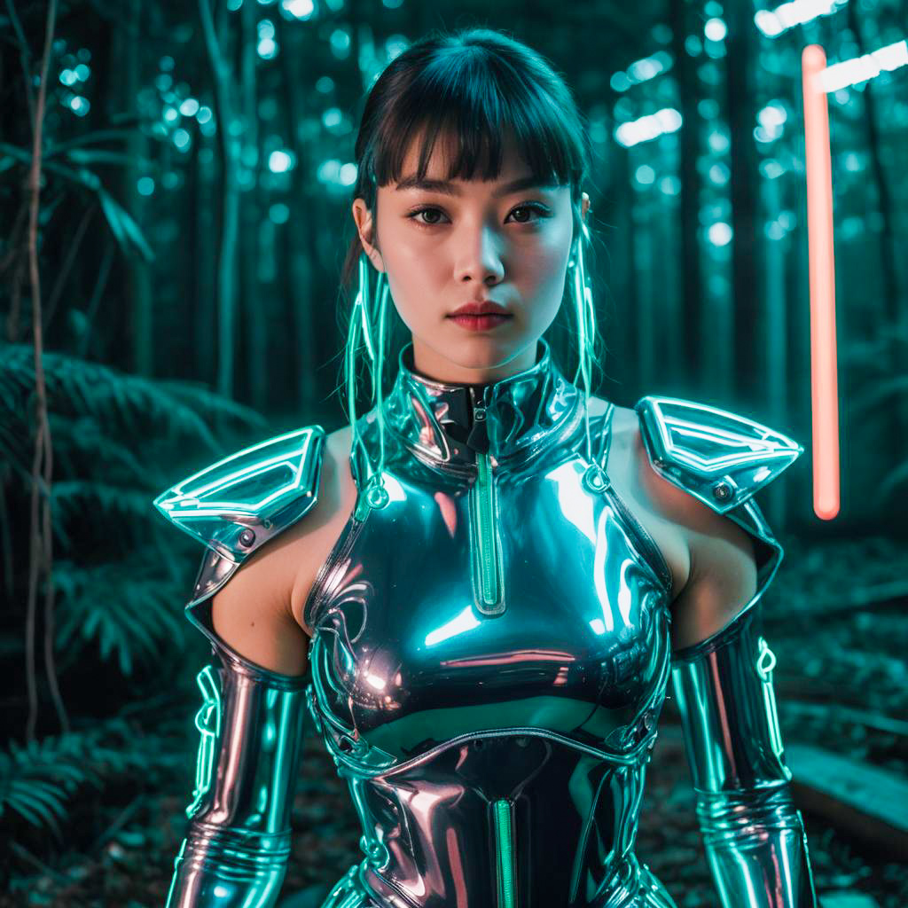 Futuristic Cyberpunk Woman in Metallic Armor in Neon Forest