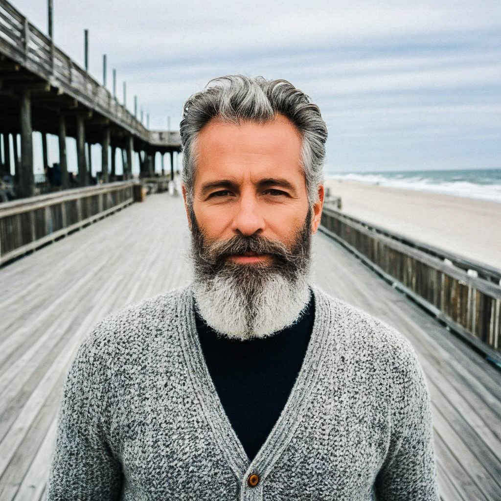 Distinguished man with gray beard on beach boardwalk