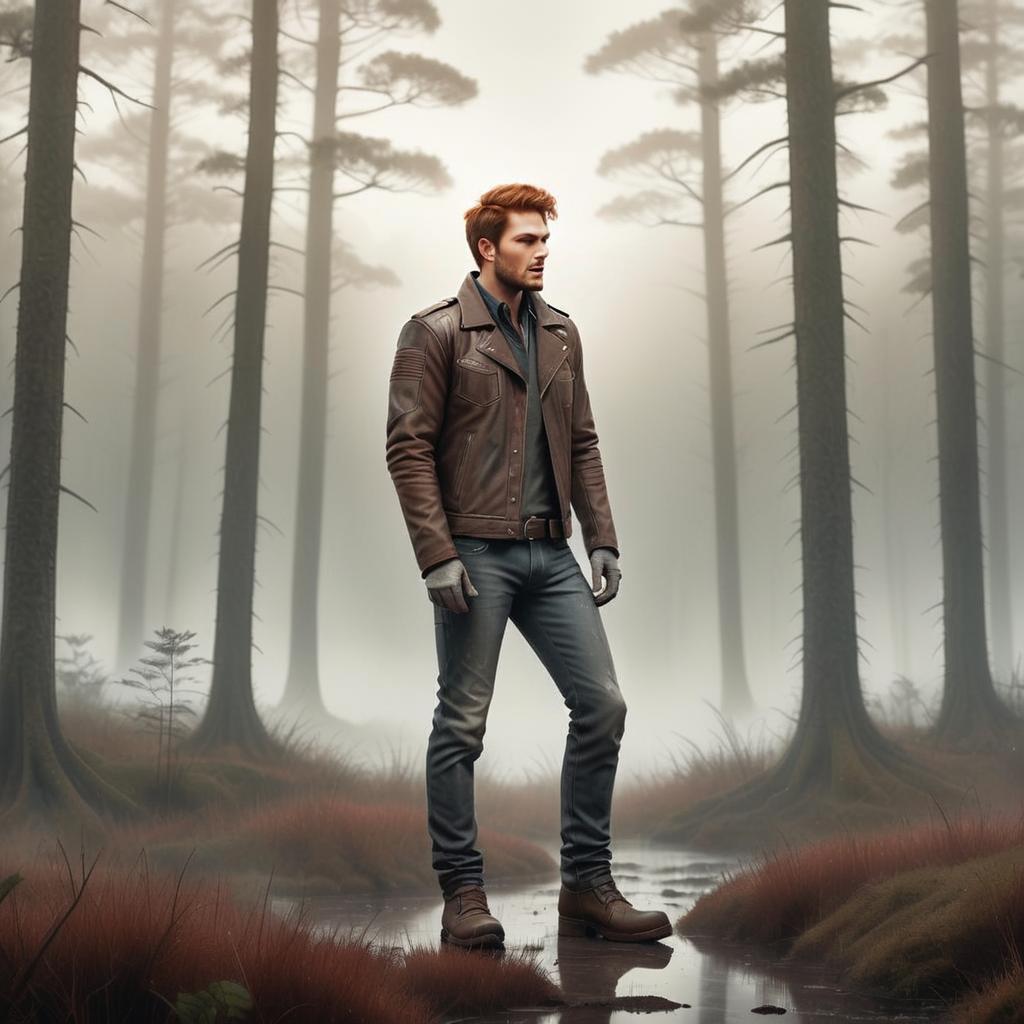 Young Man in Leather Jacket Standing in Misty Forest Landscape