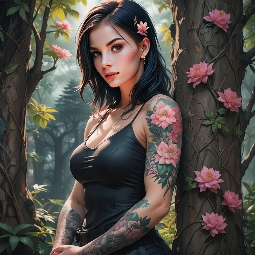 Confident Woman with Floral Tattoos in Lush Forest