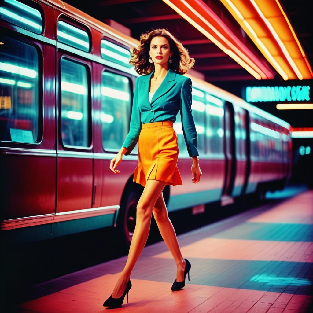 Stylish Woman in Neon Subway