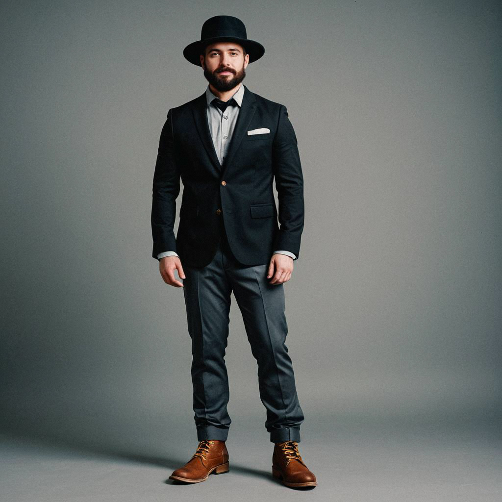 Bearded Man in Tailored Blazer and Wide-Brimmed Hat