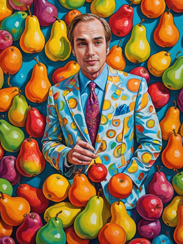 Man Resembling Saul Goodman Surrounded by Colorful Pears