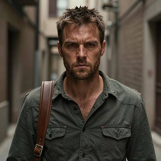Serious Rugged Man in Military Green Shirt Walking Urban Alley