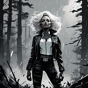Confident Woman in Dark Forest