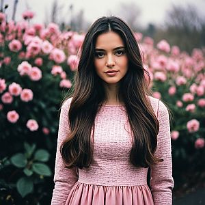 Young Woman in Light Pink Dress Among Blooming Flowers