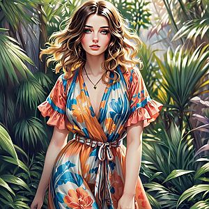Young Woman in Floral Dress Amid Tropical Foliage