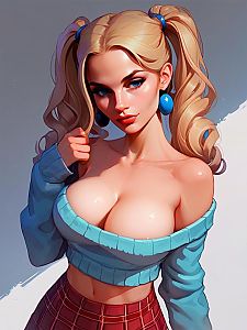 Blonde Woman in Blue Sweater with Pigtails
