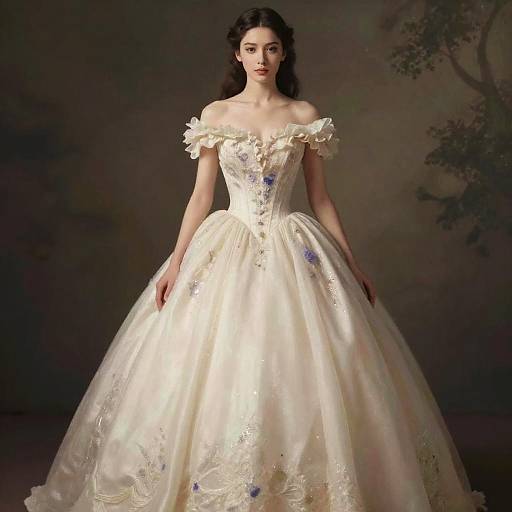 Elegant Young Woman in Off-Shoulder Floral Ball Gown Dress