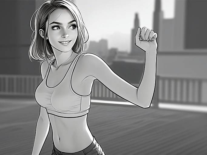 Monochrome Digital Illustration of Smiling Woman in Sporty Outfit with Urban Background
