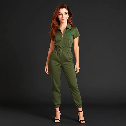 Young Woman Wearing Olive Green Jumpsuit With Black Heels