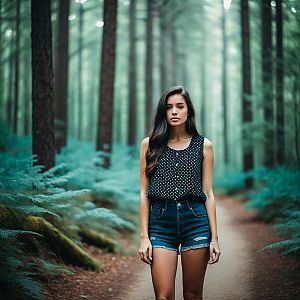 Young Woman in Forest Path with Polka Dot Top
