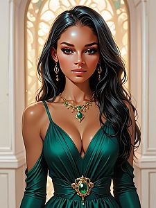 Elegant Woman in Emerald Gown with Jewelry