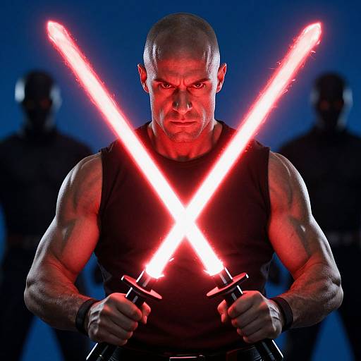 Muscular Man Wielding Crossed Red Lightsabers with Shadowy Figures