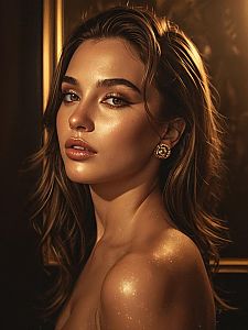 Glamorous Portrait of Woman with Radiant Skin and Golden Lighting
