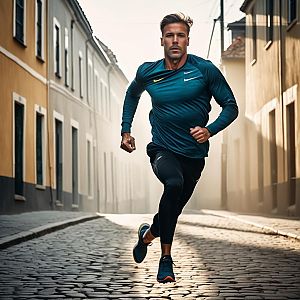 Athletic Man Running on Cobblestone Street