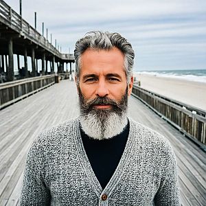 Distinguished man with gray beard on beach boardwalk