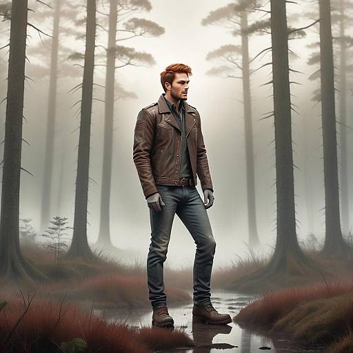 Young Man in Leather Jacket Standing in Misty Forest Landscape