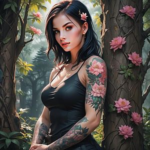 Confident Woman with Floral Tattoos in Lush Forest