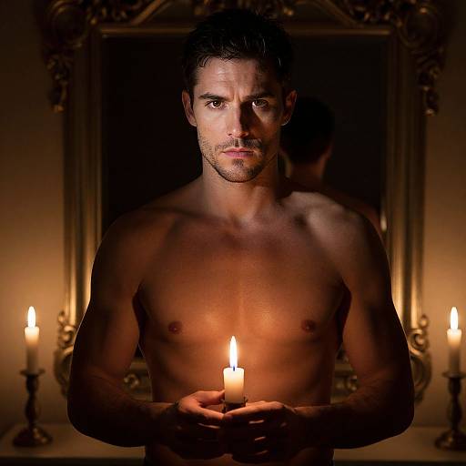 Shirtless Man Holding Candle with Mirror Reflection in Dim Light