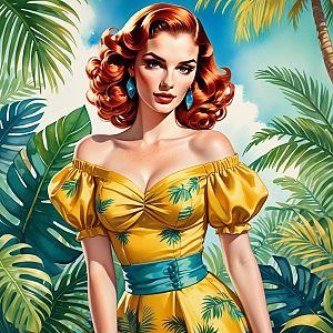 Vintage Pin-Up Woman in Yellow Dress