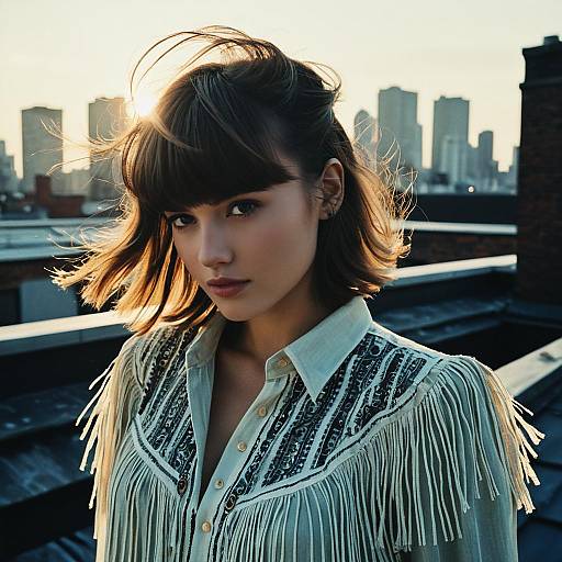 Young Woman in Vintage Western Shirt on Rooftop at Golden Hour with City Skyline