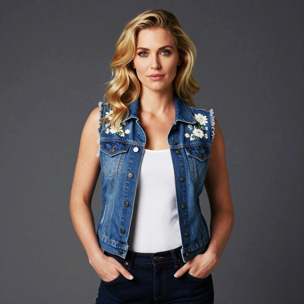 Stylish Young Woman in Denim Vest with Floral Embroidery Against Grey Background