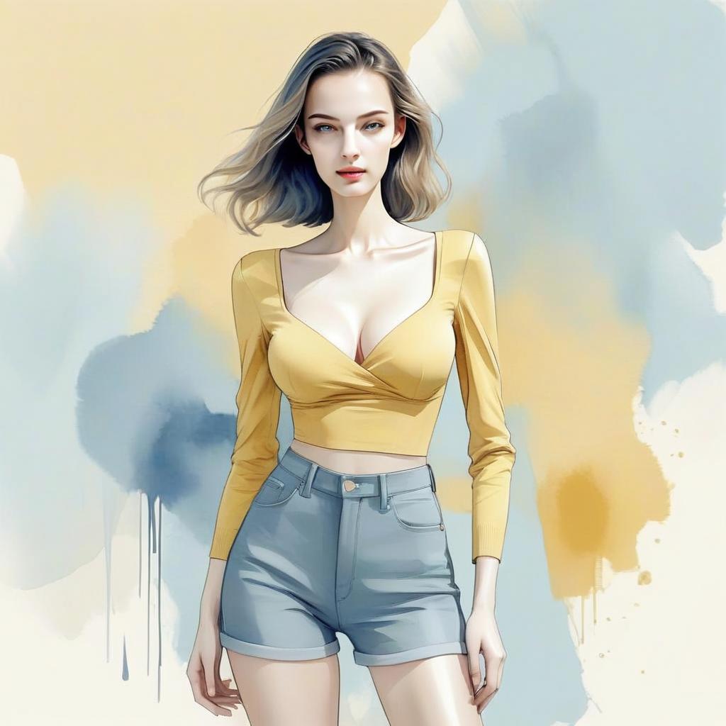 Young Woman in Yellow Crop Top and Denim Shorts