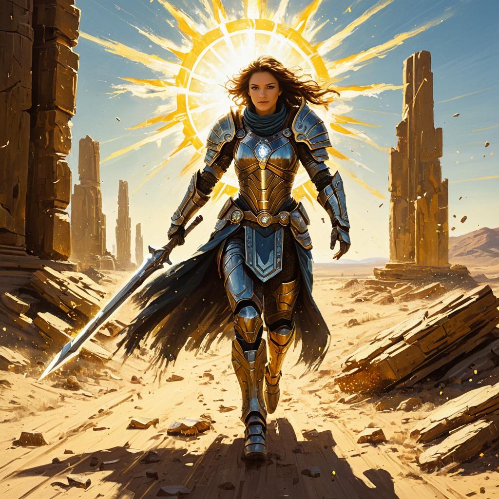 Fierce Woman Warrior in Shining Armor with Sword in Desert Ruins