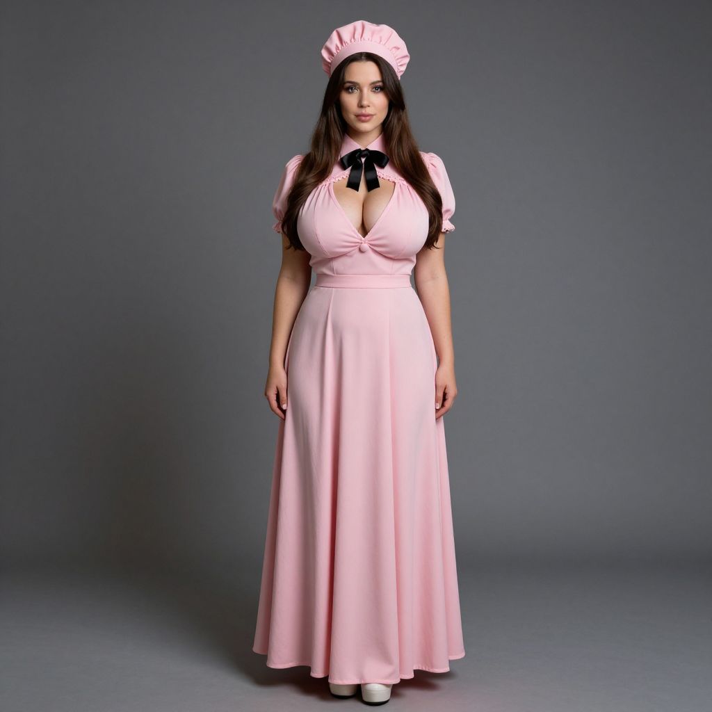 Vintage-Inspired Pink Dress with Bonnet Worn by Woman