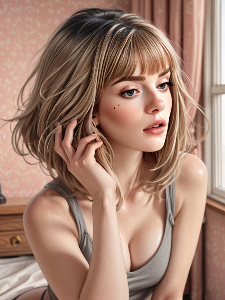 Realistic Digital Illustration of Blonde Woman in Gray Tank Top