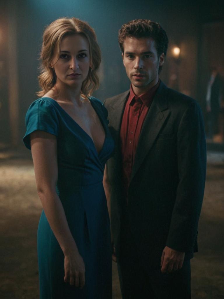 Dramatic Movie Scene: Man in Suit and Woman in Blue Dress