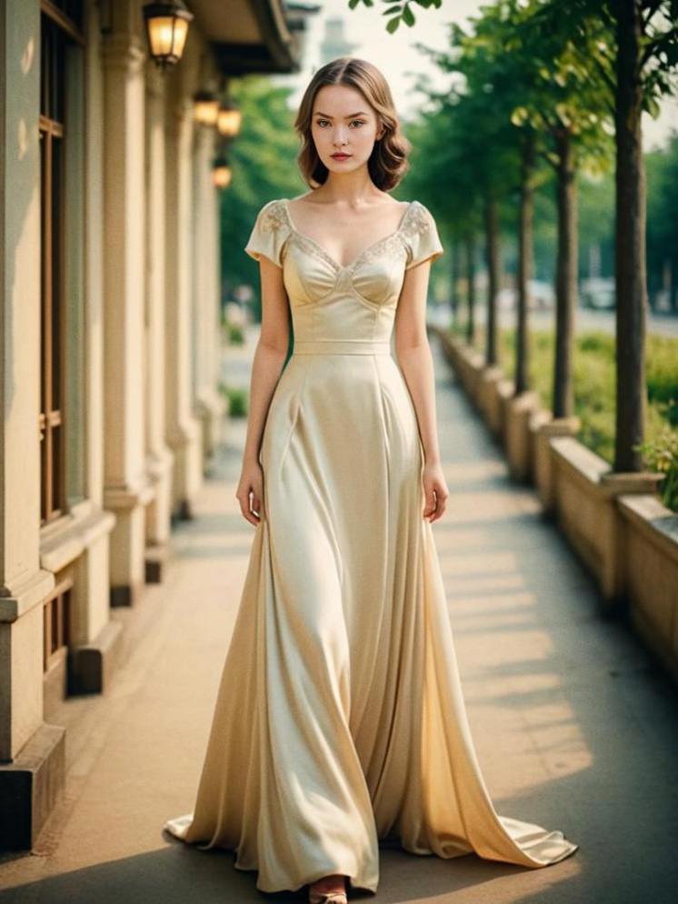 Elegant woman in flowing gown on sunlit path