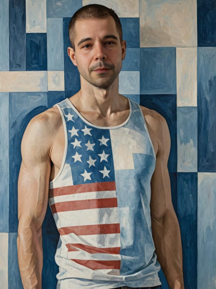 Confident Man in American Flag Tank Top - Cubist Style