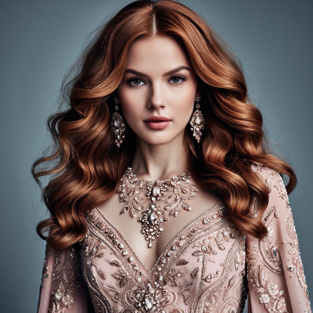 Elegant Woman in Embellished Gown with Long Auburn Curls and Jewelry