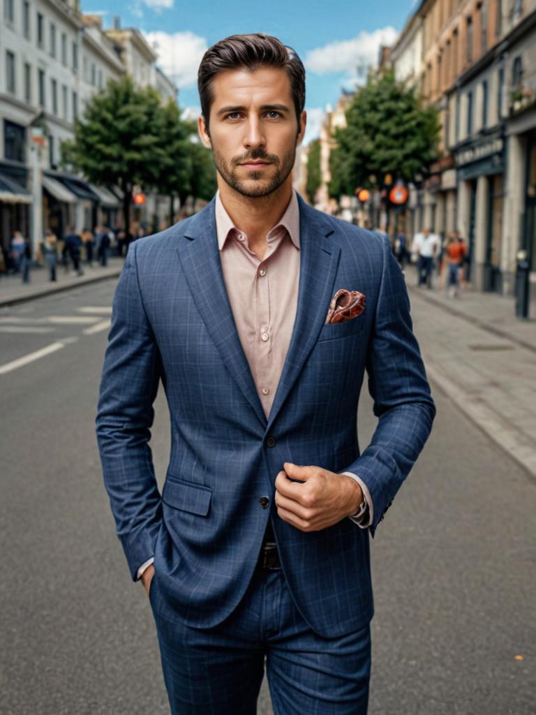 Business casual man in pinstripe suit on city street