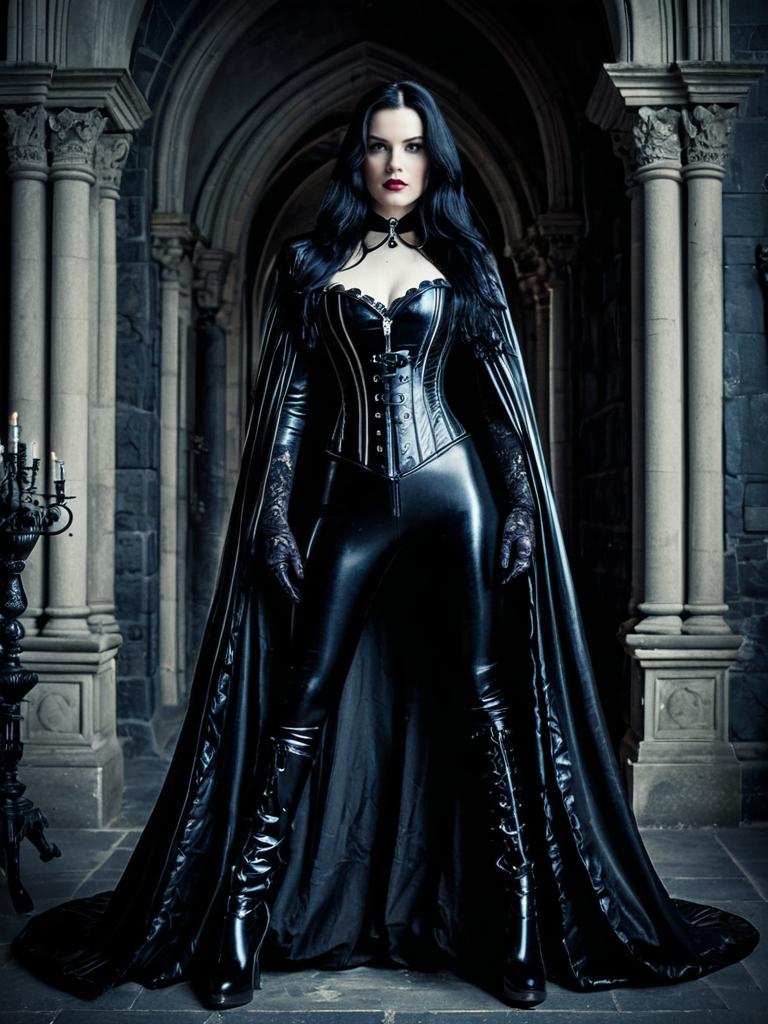 Gothic Woman in Black Leather Corset and Cape in Stone Archway