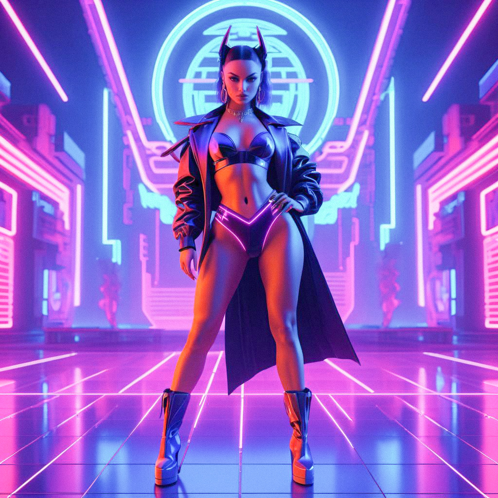 Confident Woman in Neon Cyberpunk Setting