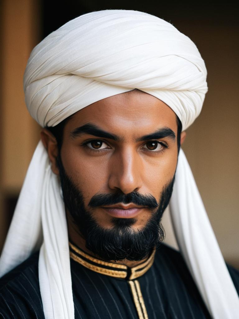 Portrait of Man in Traditional Arabian Costume with White Turban
