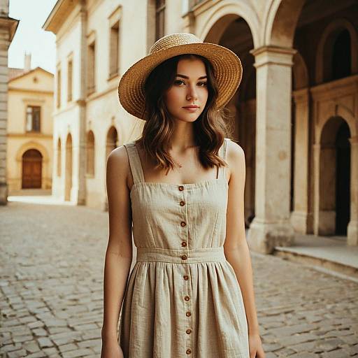 Young Woman in Beige Dress and Straw Hat on Historic Cobblestone Street