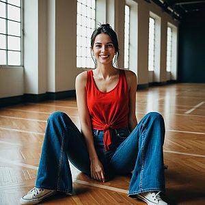 Smiling woman in bright outfit on wooden floor