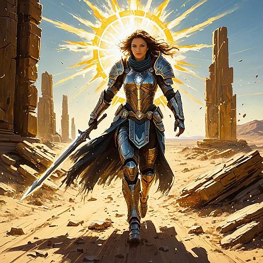 Fierce Woman Warrior in Shining Armor with Sword in Desert Ruins
