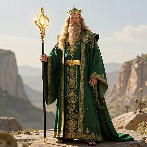 Regal Elderly King in Green and Gold Robe Holding Golden Staff