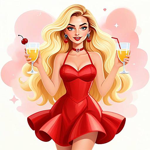 Blonde Woman in Red Dress Holding Drinks Digital Illustration