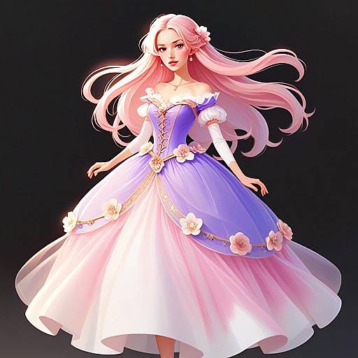 Elegant Woman in Pastel Purple and Pink Floral Ball Gown Digital Illustration