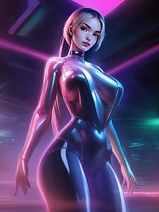 Futuristic Woman in Neon Latex Bodysuit