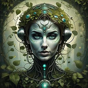 Futuristic Woman Blending Technology and Nature