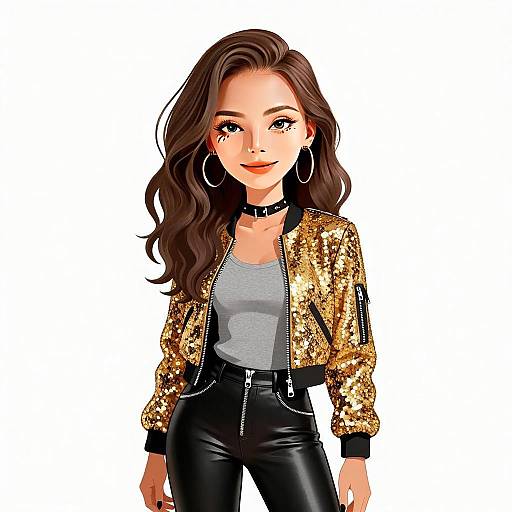 Stylish Woman in Gold Sequin Jacket and Glam Rock Outfit Illustration