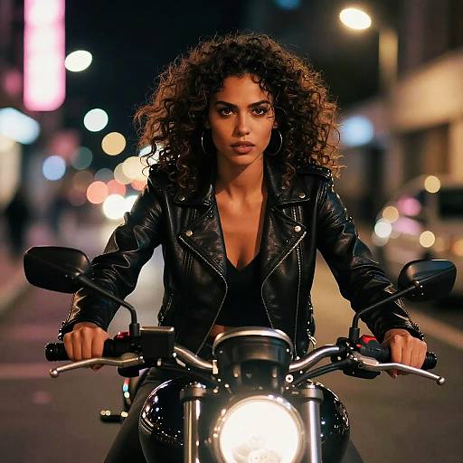 Young Woman Riding Motorcycle at Night in Urban Setting