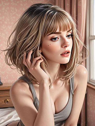 Realistic Digital Illustration of Blonde Woman in Gray Tank Top